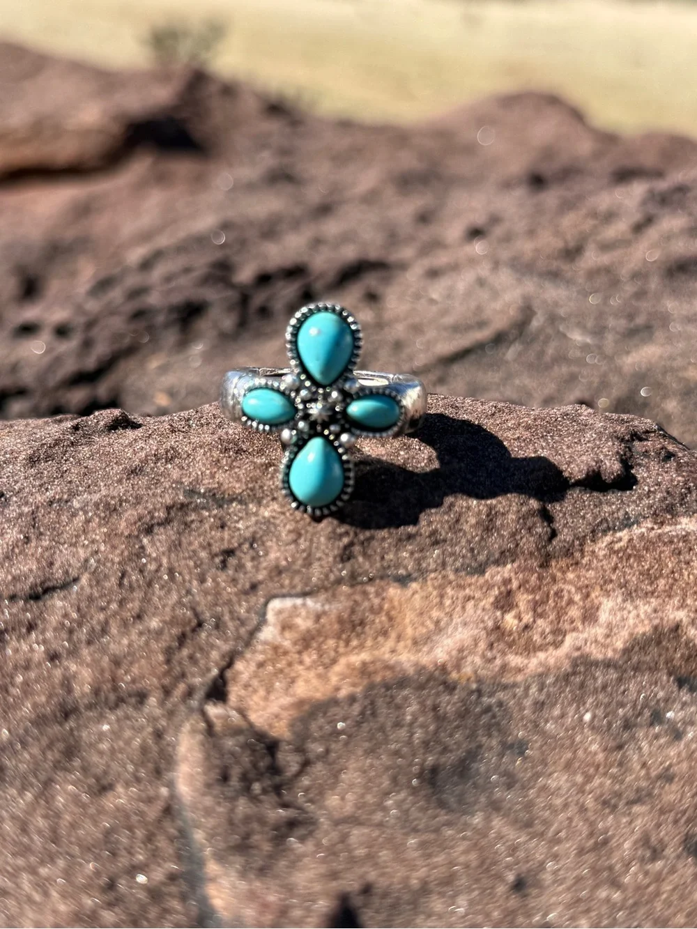 Turquoise Statement Silver Rings - Elastic Stretch Fit